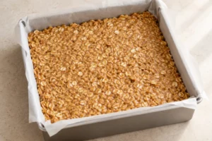 Oat mixture pressed evenly into a lined square tin