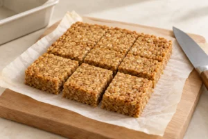 Chilled oat bar slab sliced on a board