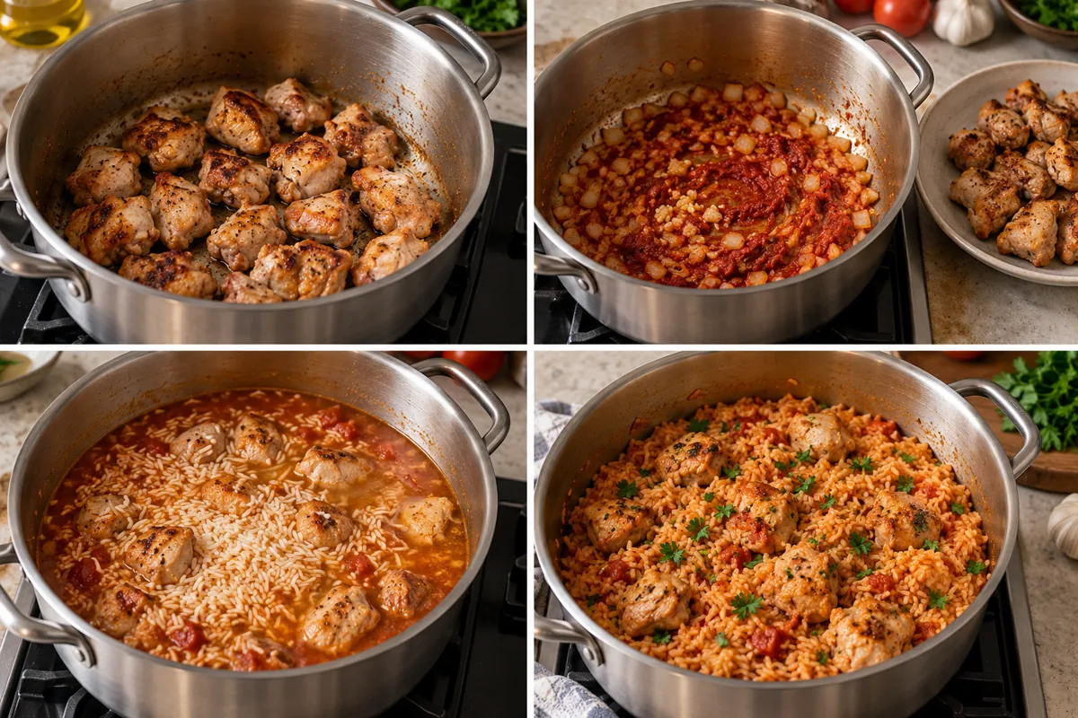 Four-stage preparation illustration for One-Pot Chicken and Tomato Rice