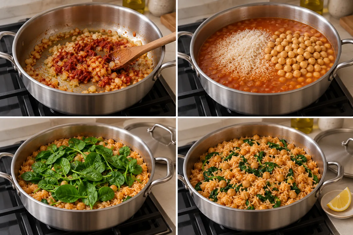 Four-stage preparation illustration for One-Pot Chickpea and Spinach Rice