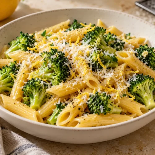 Penne with broccoli, lemon zest and Parmesan in an ivory bowl