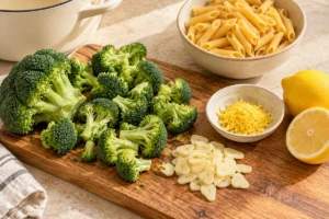 Broccoli florets, sliced garlic, lemon zest and dry penne prepared before cooking