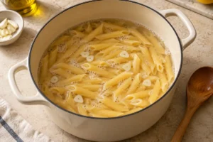 Penne and sliced garlic simmering in starchy water in a cream saucepan