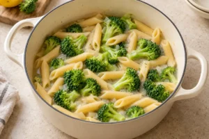 Small broccoli florets cooking with penne near the end of simmering
