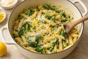Parmesan and lemon zest being folded into cooked broccoli penne off the heat