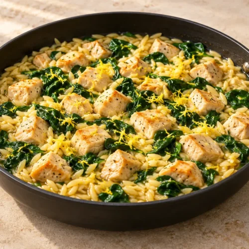 Chicken pieces and spinach in a skillet of lemon orzo without cream