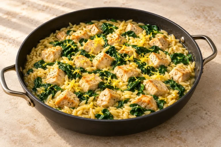 Chicken pieces and spinach in a skillet of lemon orzo without cream