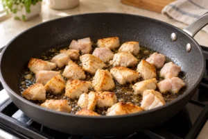 Browning bite-size chicken in a wide skillet