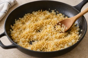 Toasting dry orzo with softened onion and garlic