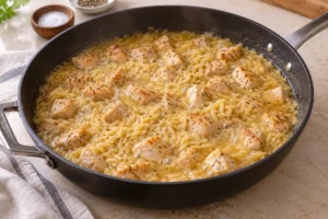 Simmering chicken and orzo in broth