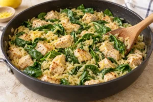 Folding spinach and lemon into cooked chicken orzo