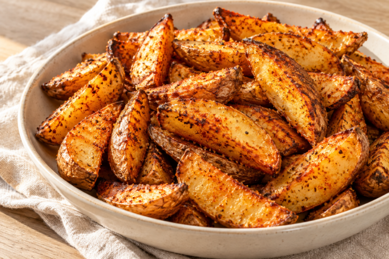 Crisp golden oven potato wedges seasoned with paprika