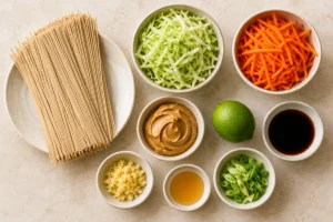Measured noodles, cabbage, carrot and peanut sauce ingredients