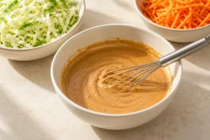 Whisking peanut butter, soy sauce, lime and warm water into a smooth sauce