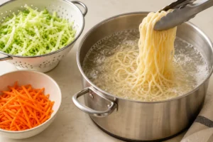 Draining cooked noodles over shredded cabbage in a colander