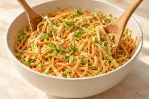 Tossing noodles, cabbage and carrot with peanut sauce