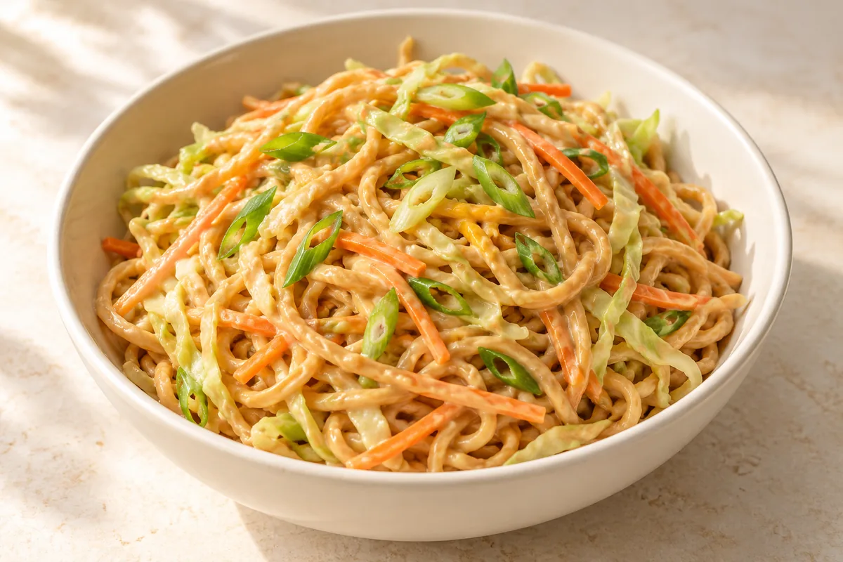 Peanut noodles with cabbage, carrot and spring onions in creamy peanut sauce