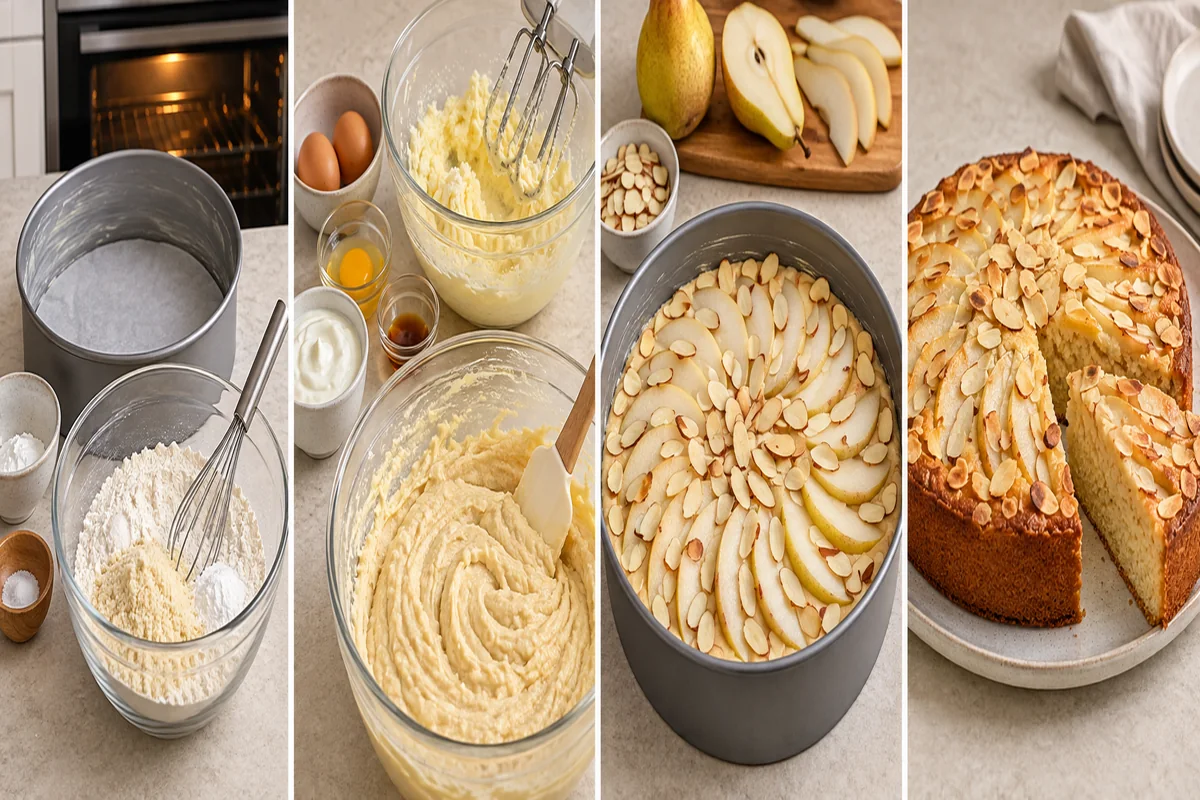 AI-illustrated preparation stages for Pear Almond Cake with Fresh Pears