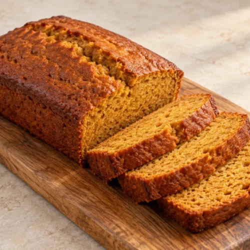 Plain pumpkin banana loaf sliced to show its orange-tan crumb