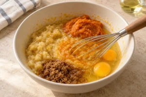 Pumpkin puree, mashed banana, eggs and sugar in a mixing bowl