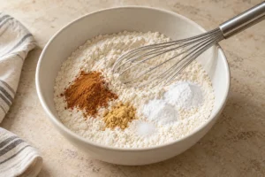 Whisking flour with cinnamon and leavening