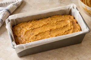 Pumpkin banana batter spread in a lined loaf pan