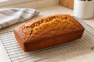 Whole baked pumpkin banana loaf cooling on a rack
