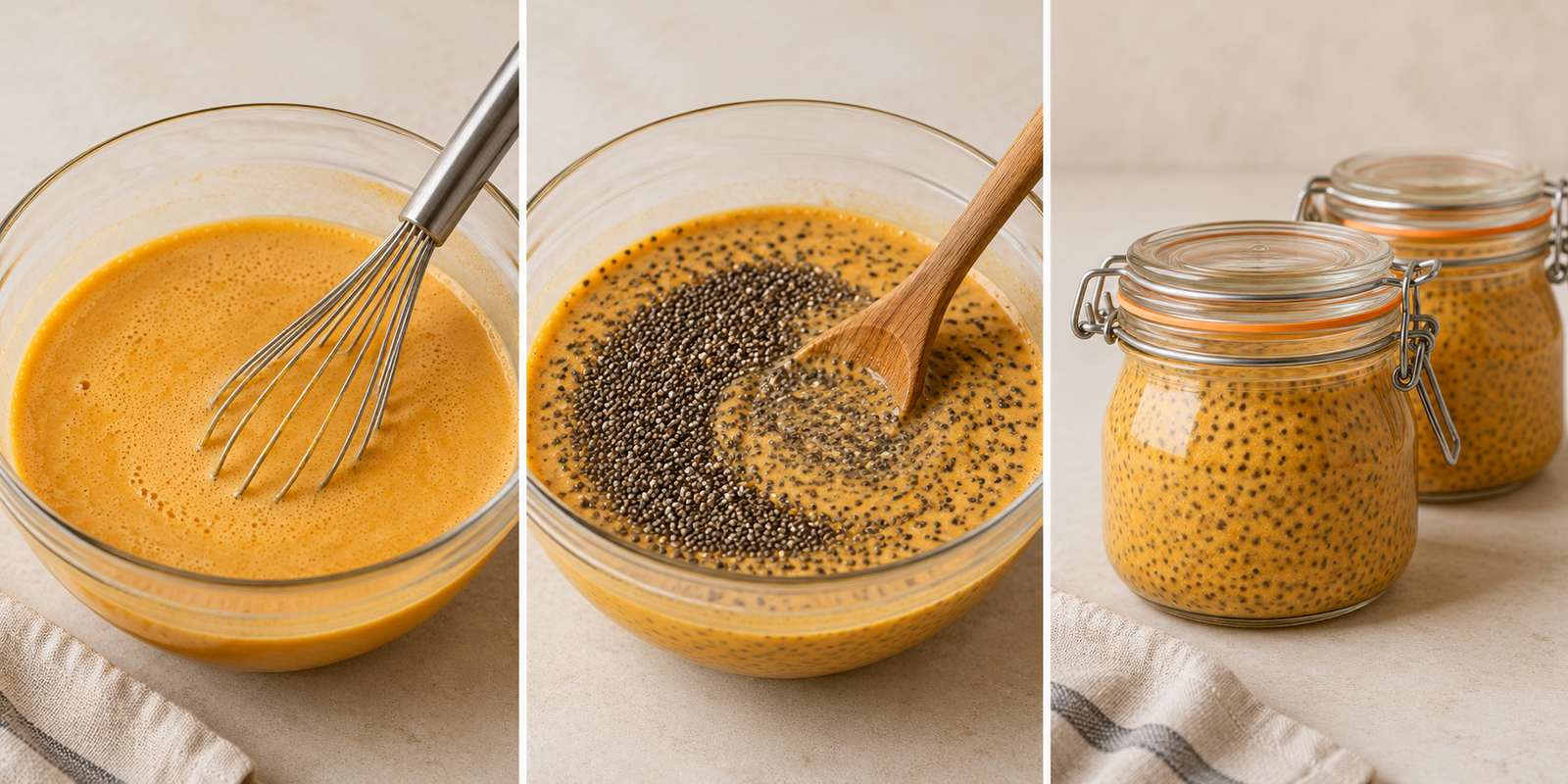 AI-illustrated preparation stages for Pumpkin Chia Pudding