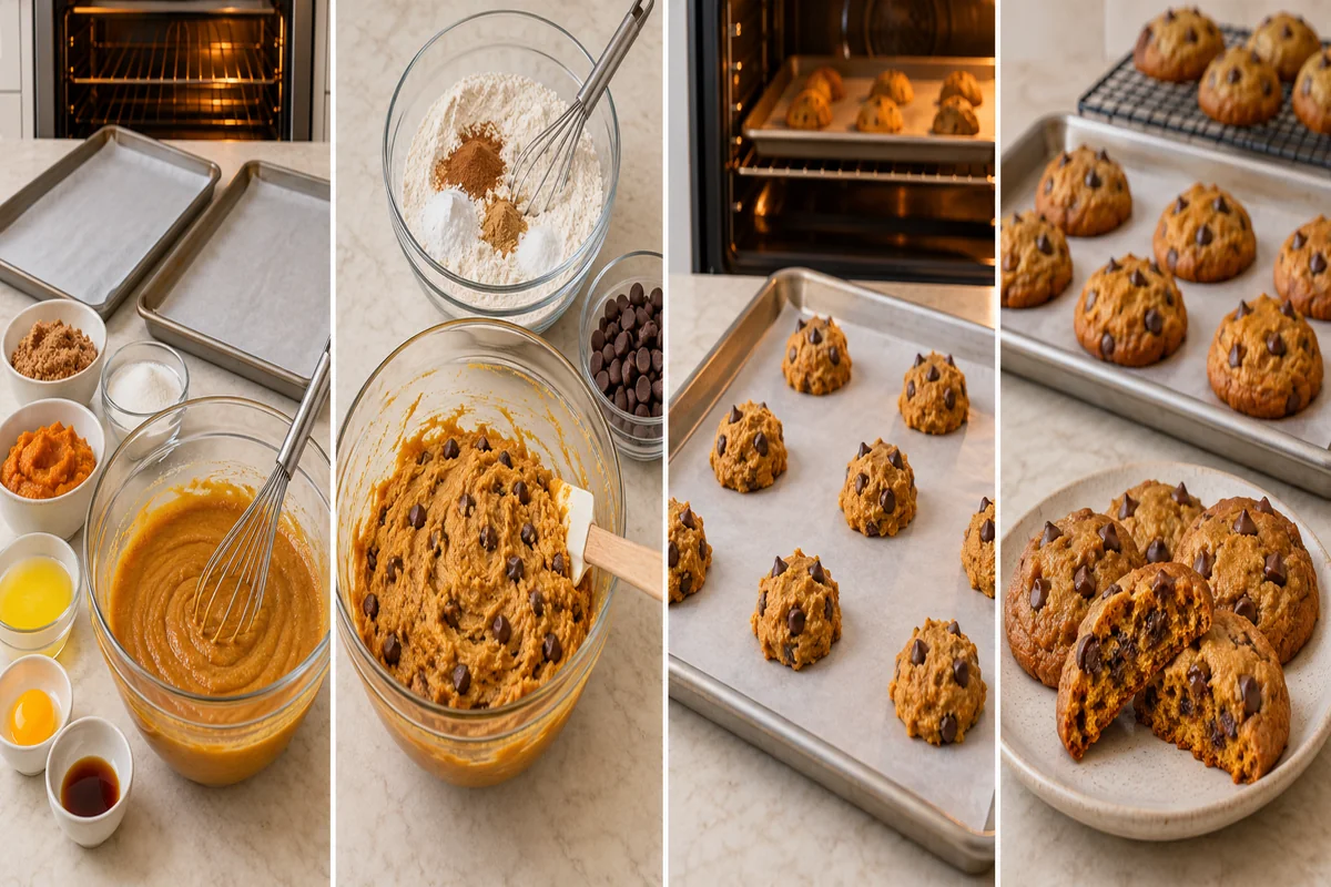 AI-illustrated preparation stages for Soft Pumpkin Chocolate Chip Cookies