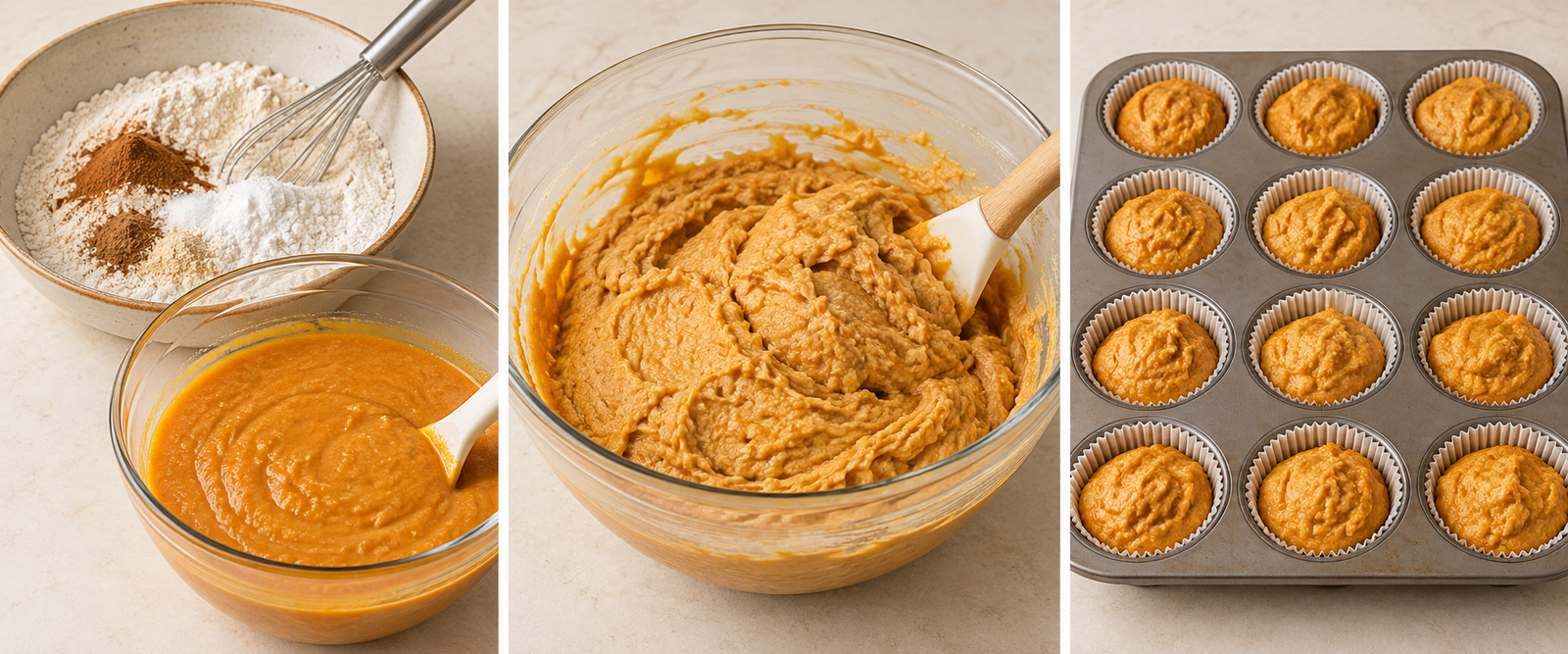 AI-illustrated preparation stages for Pumpkin Cottage Cheese Muffins