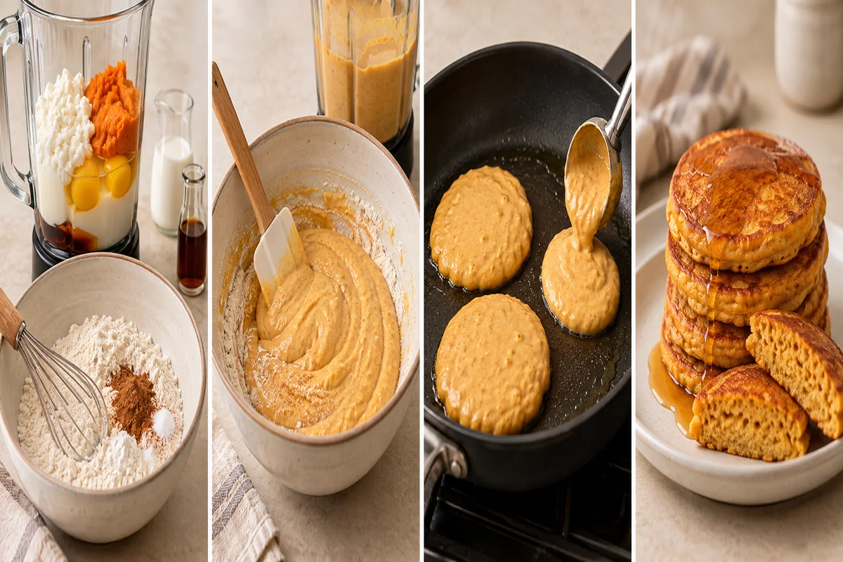 AI-illustrated preparation stages for Pumpkin Cottage Cheese Pancakes