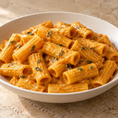 Rigatoni coated in smooth savory pumpkin sauce without cream