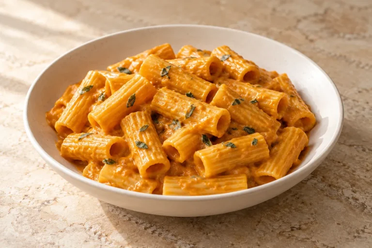 Rigatoni coated in smooth savory pumpkin sauce without cream