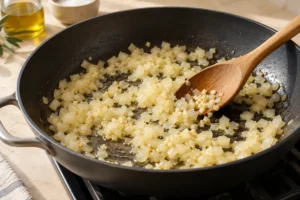Softening onion and garlic in olive oil