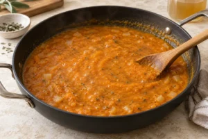 Simmering savory pumpkin sauce with broth