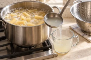 Collecting cloudy pasta cooking water before draining rigatoni