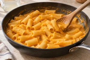 Tossing cooked rigatoni with pumpkin sauce