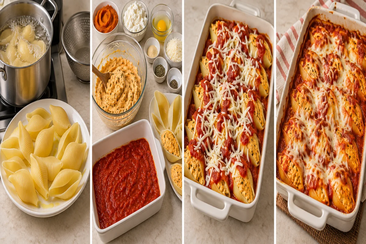 AI-illustrated preparation stages for Pumpkin Ricotta Stuffed Shells
