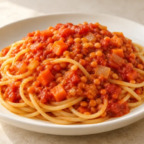 Spaghetti with red lentil tomato bolognese