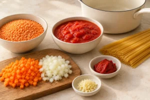 Measured red lentils, spaghetti, carrot, onion and tomato ingredients