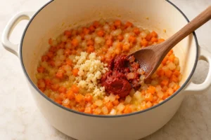 Softening diced onion and carrot before adding tomato paste