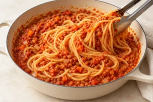 Combining cooked spaghetti with thick red lentil bolognese