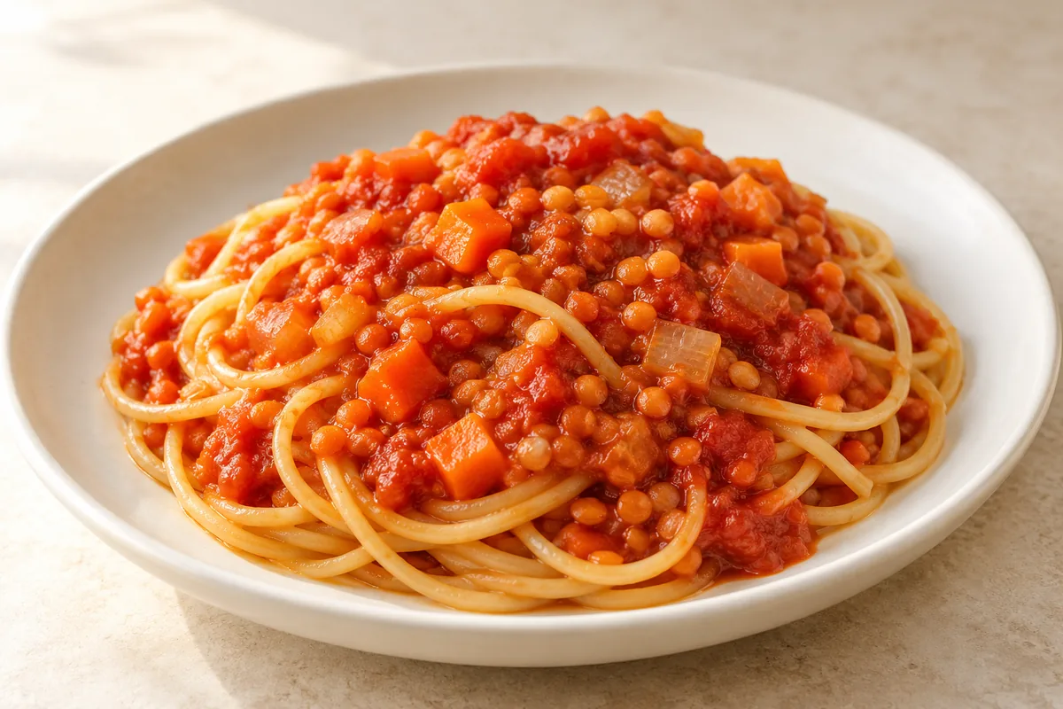 Spaghetti with red lentil tomato bolognese