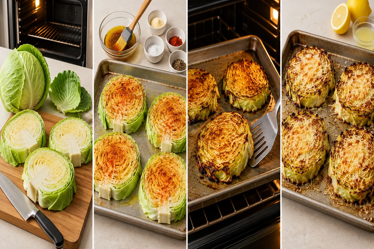 AI-illustrated preparation stages for Roasted Cabbage Steaks with Parmesan