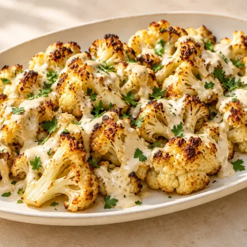 Roasted cauliflower with lemon tahini sauce and parsley