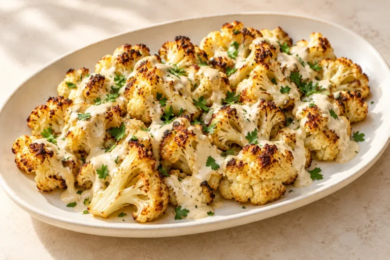 Roasted cauliflower with lemon tahini sauce and parsley