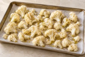 Seasoned cauliflower florets spread across a roasting tray