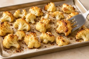 Golden roasted cauliflower florets after turning
