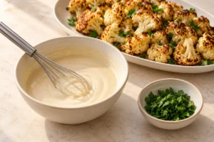 Whisking lemon tahini sauce beside roasted cauliflower