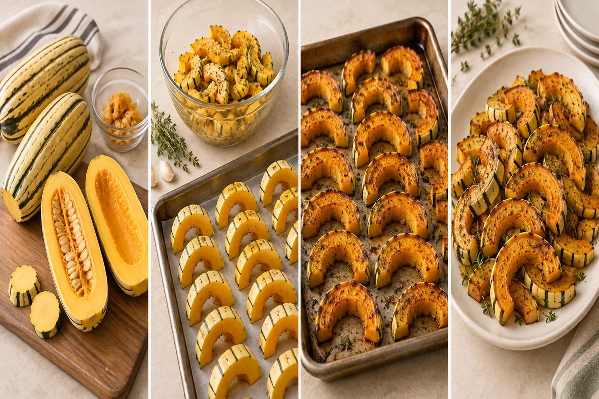 AI-illustrated preparation stages for Roasted Delicata Squash with Garlic and Thyme